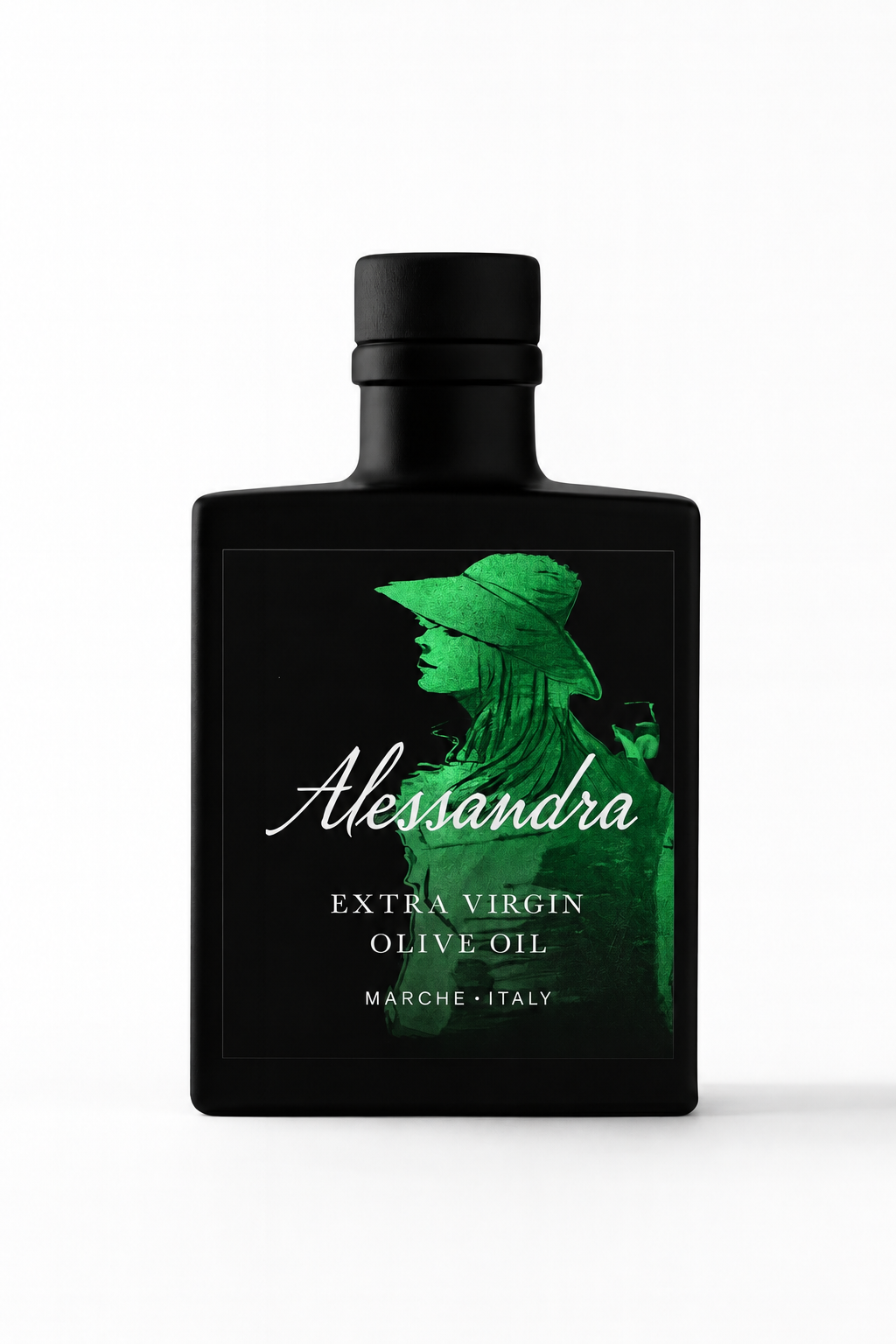 Bottiglia Alessandra in vetro nero, blend di olio extravergine di oliva italiano dedicato al mercato giapponese