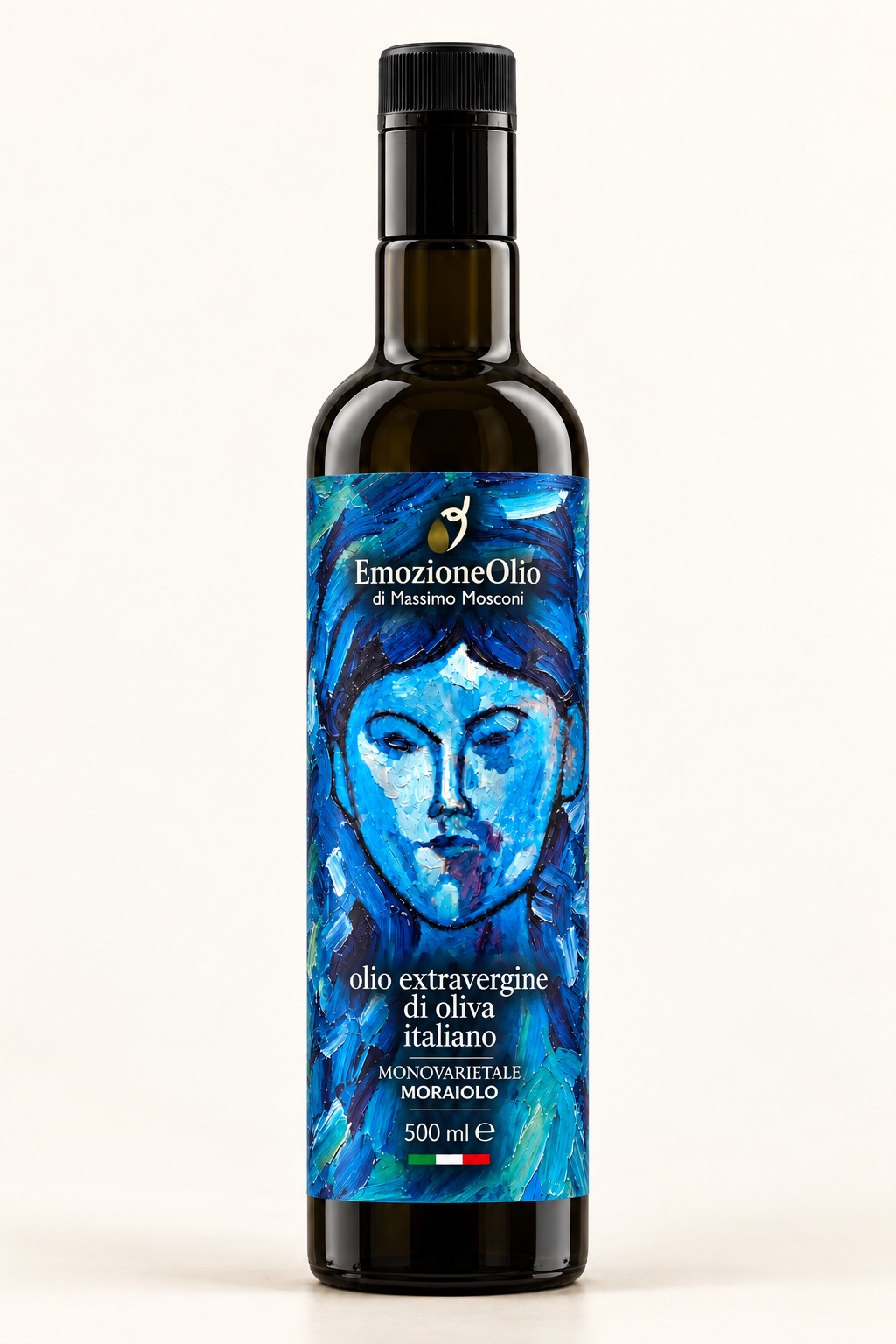 Bottiglia Respiro con nuova etichetta blu, monovarietale Moraiolo da 500 ml